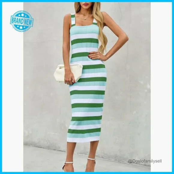 Striped Bodycon Midi Dress Sleeveless Square Neck Knit Summer Chic Casual - Picture 2 of 7